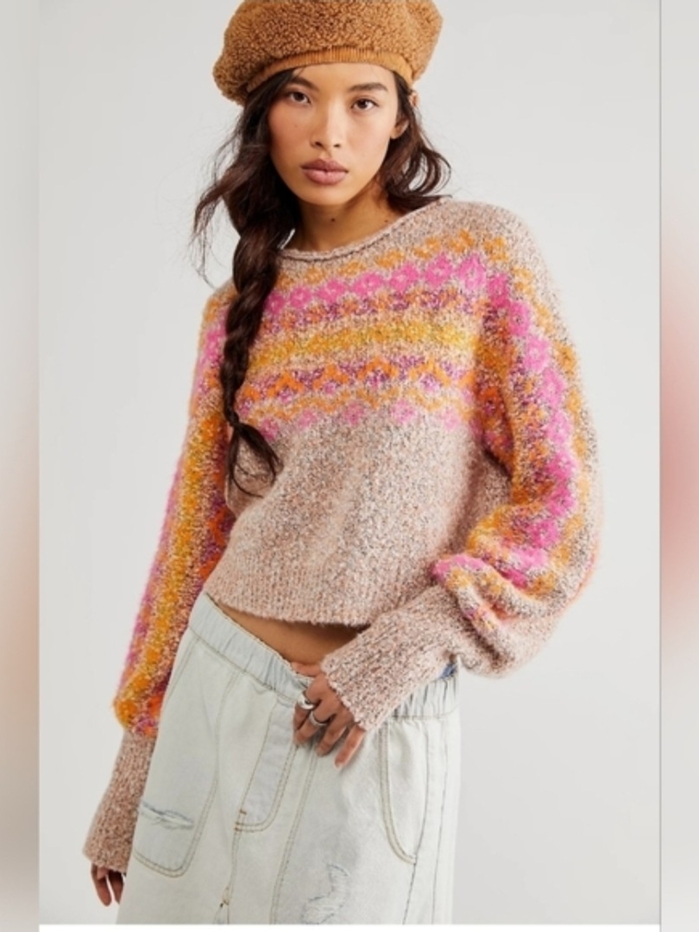 Free People Pink & Yellow Cropped Fuzzy Crewneck Sweater